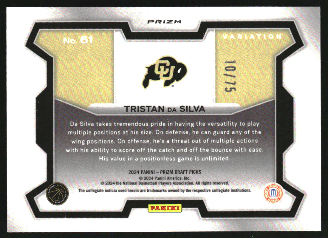 2024-25 Panini Prizm Draft Picks Variation Prizms Purple #61 Tristan da Silva /75
