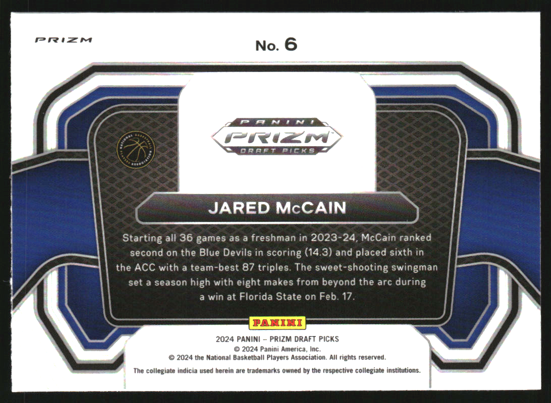 2024-25 Panini Prizm Draft Picks Campus Legends Prizms Purple Wave #6 Jared McCain
