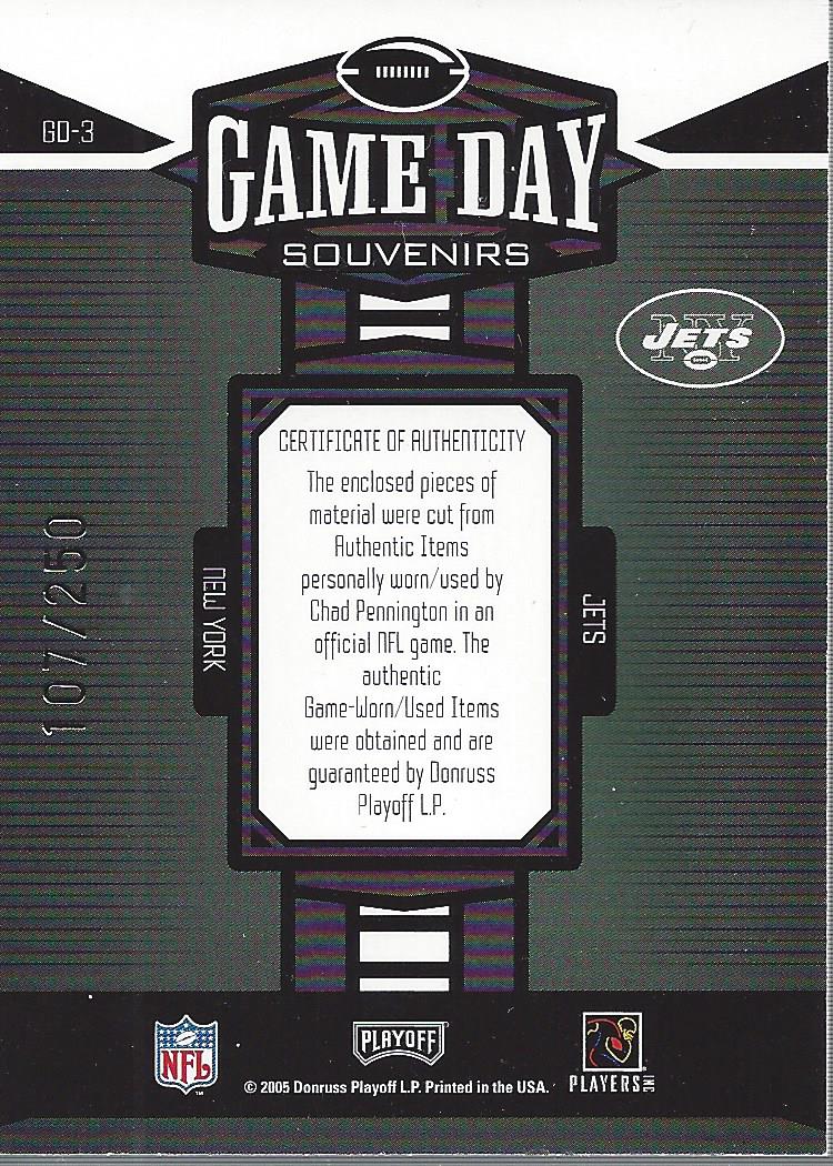 2005 Playoff Honors Game Day Souvenirs #GD3 Chad Pennington back image