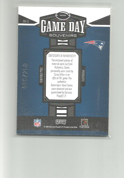 2005 Playoff Honors Game Day Souvenirs #GD5 Corey Dillon back image