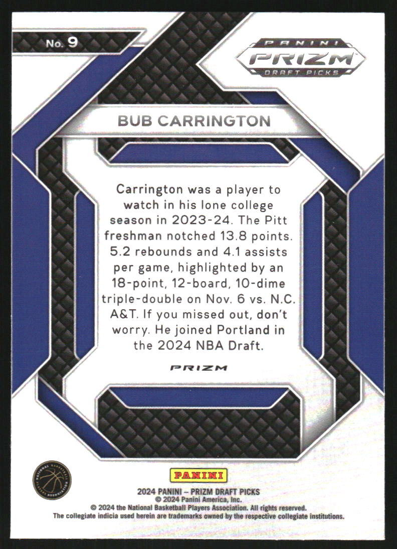 2024-25 Panini Prizm Draft Picks New Recruits Prizms Ice #9 Bub Carrington