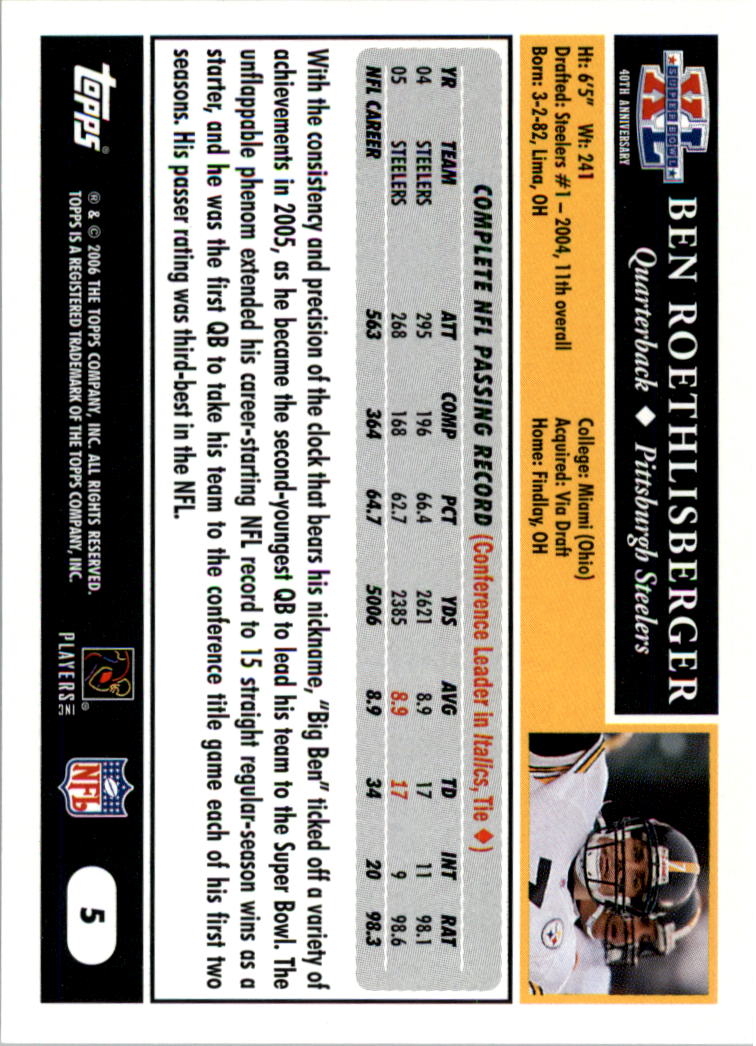 2006 Topps Pittsburgh Steelers Super Bowl XL Champions Ben