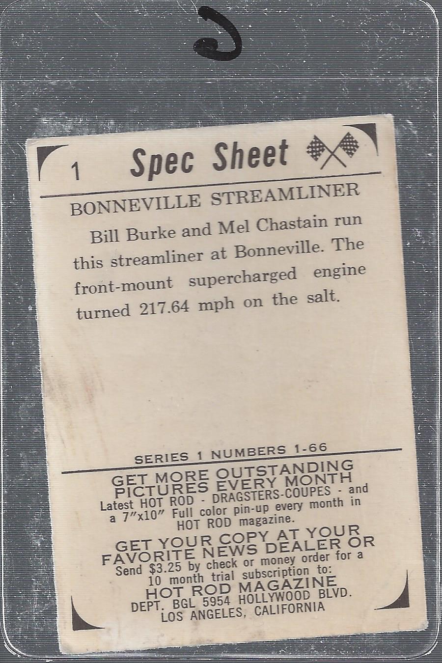 1965 Donruss Spec Sheet #1 Bill Burke/Mel Chastain's Car back image