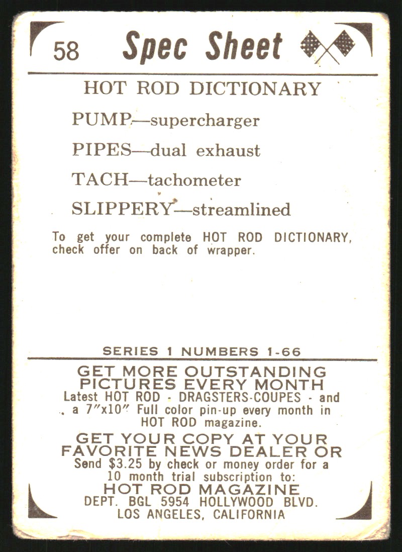 1965 Donruss Spec Sheet #58 Hot Rod Dictionary back image