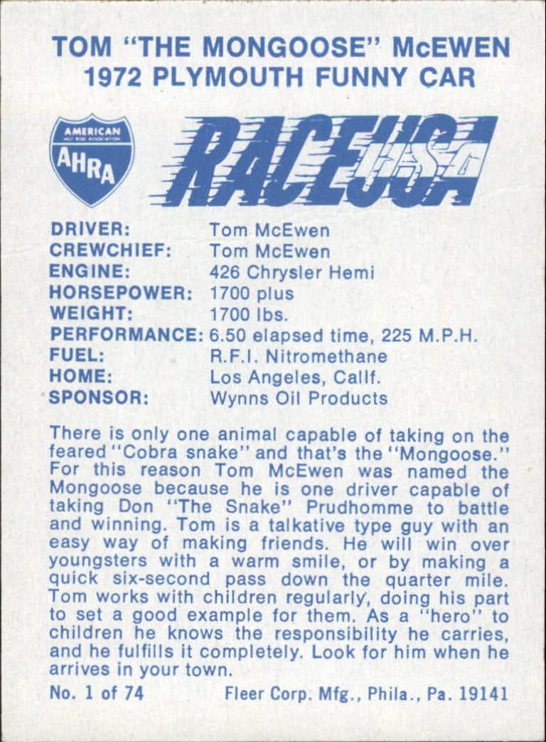 1973 Fleer AHRA Race USA #1 Tom McEwen back image