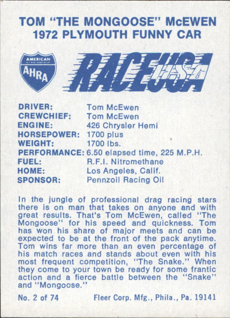1973 Fleer AHRA Race USA #2 Tom McEwen's Car back image