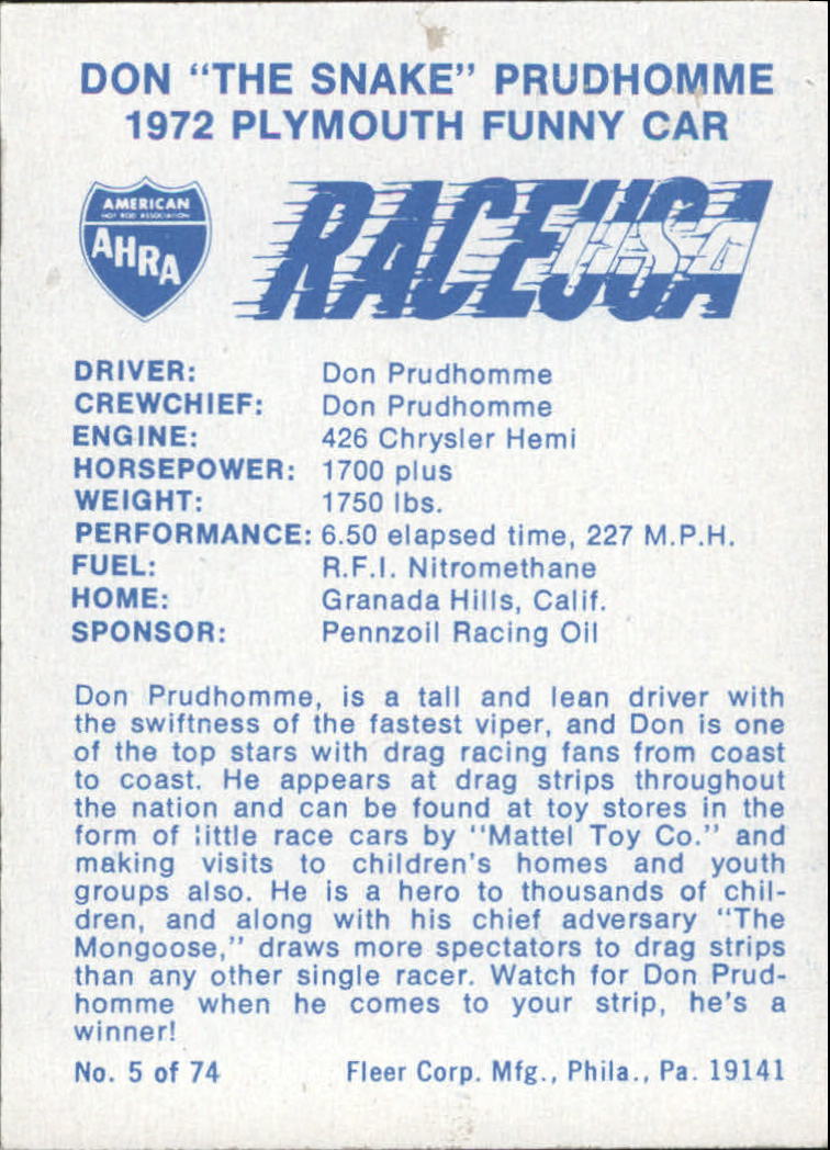 1973 Fleer AHRA Race USA #5 Don Prudhomme back image