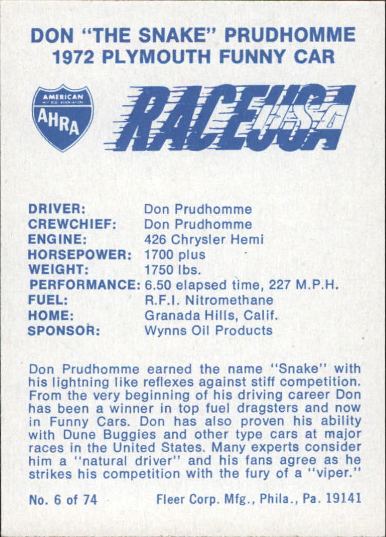 1973 Fleer AHRA Race USA #6 Don Prudhomme's Car back image