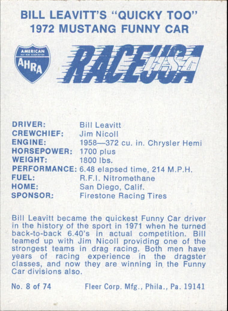 1973 Fleer AHRA Race USA #8 Bill Leavitt's Car back image