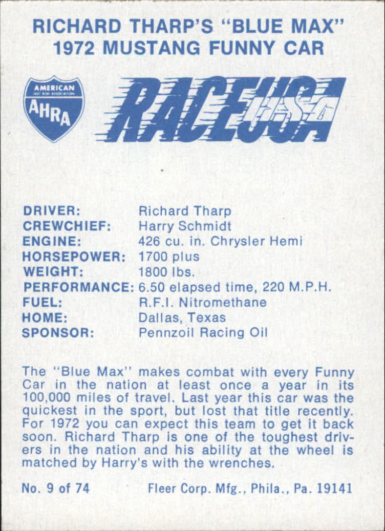1973 Fleer AHRA Race USA #9 Richard Tharp's Car back image