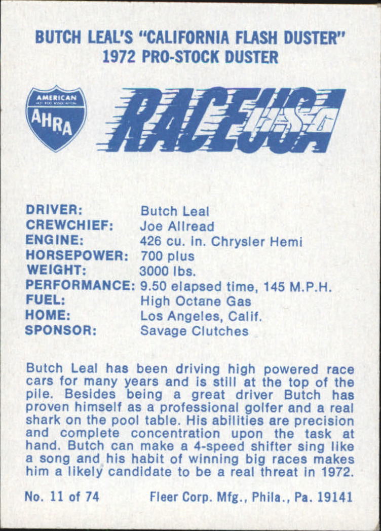 1973 Fleer AHRA Race USA #11 Butch Leal's Car back image