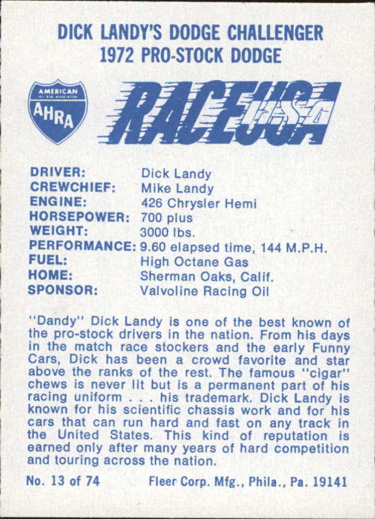1973 Fleer AHRA Race USA #13 Dick Landy's Car back image