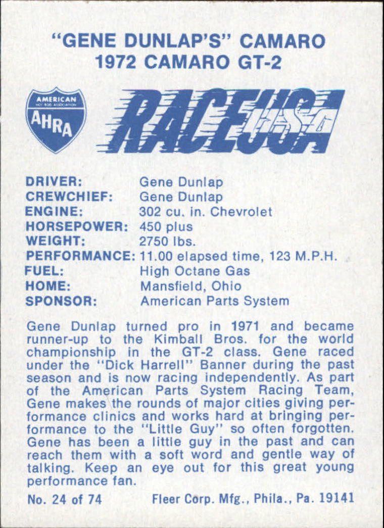 1973 Fleer AHRA Race USA #24 Gene Dunlap's Car back image