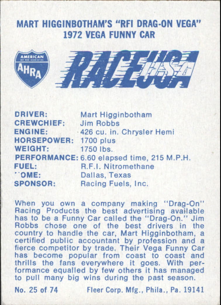 1973 Fleer AHRA Race USA #25 Mart Higginbotham's Car back image