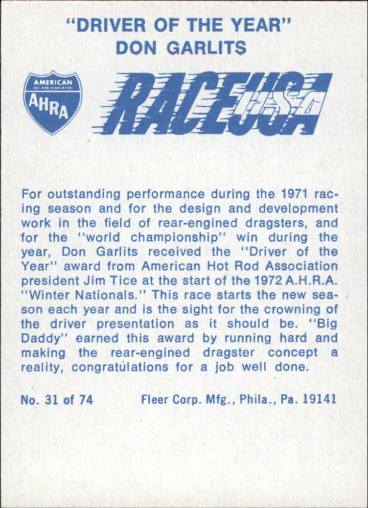 1973 Fleer AHRA Race USA #31 Don Garlits DOY back image