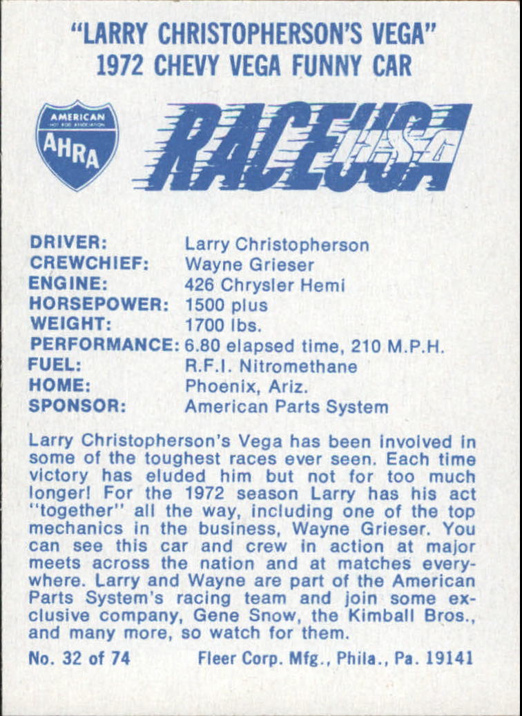 1973 Fleer AHRA Race USA #32 Larry Christopherson w/car back image