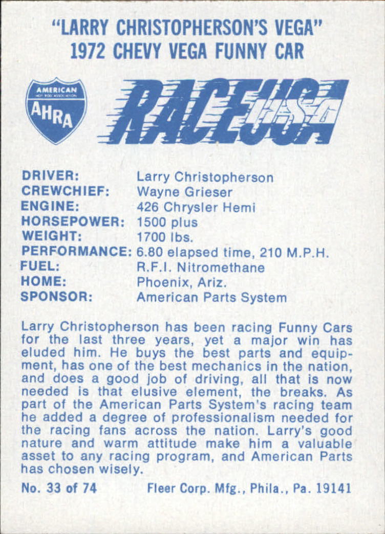 1973 Fleer AHRA Race USA #33 Larry Christopherson's Car back image