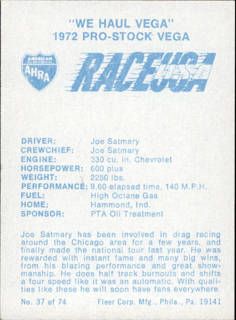 1973 Fleer AHRA Race USA #37 Joe Satmary's Car back image