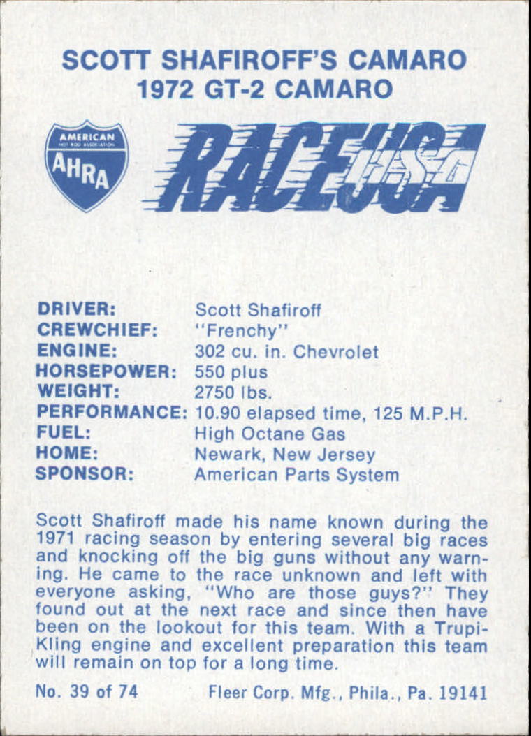 1973 Fleer AHRA Race USA #39 Scott Shafiroff's Car back image