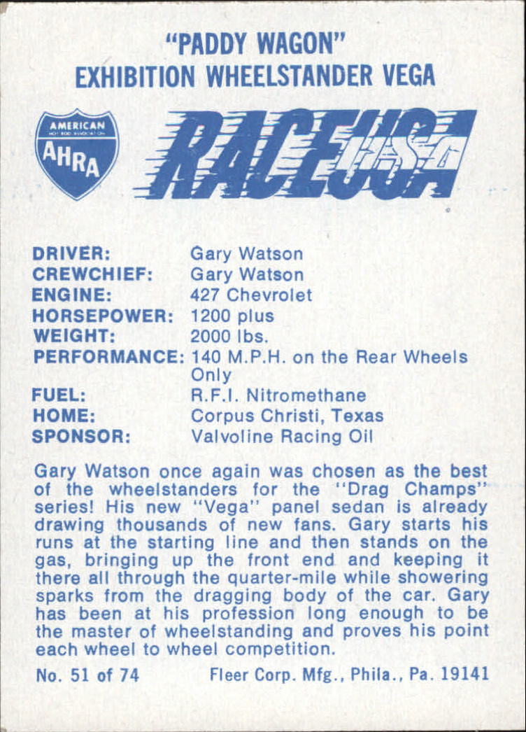 1973 Fleer AHRA Race USA #51 Gary Watson's Car back image