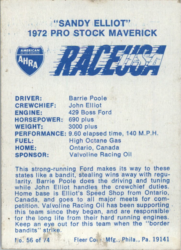 1973 Fleer AHRA Race USA #56 Barrie Poole's Car back image