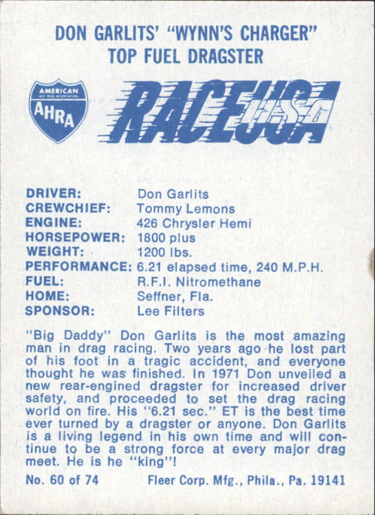 1973 Fleer AHRA Race USA #60 Don Garlits' Car back image