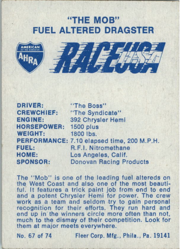1973 Fleer AHRA Race USA #67 The Mob Dragster back image