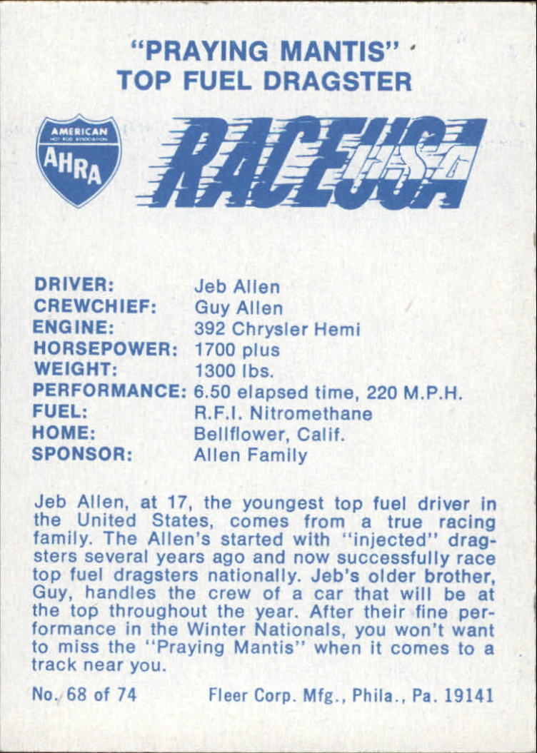 1973 Fleer AHRA Race USA #68 Jeb Allen's Car back image
