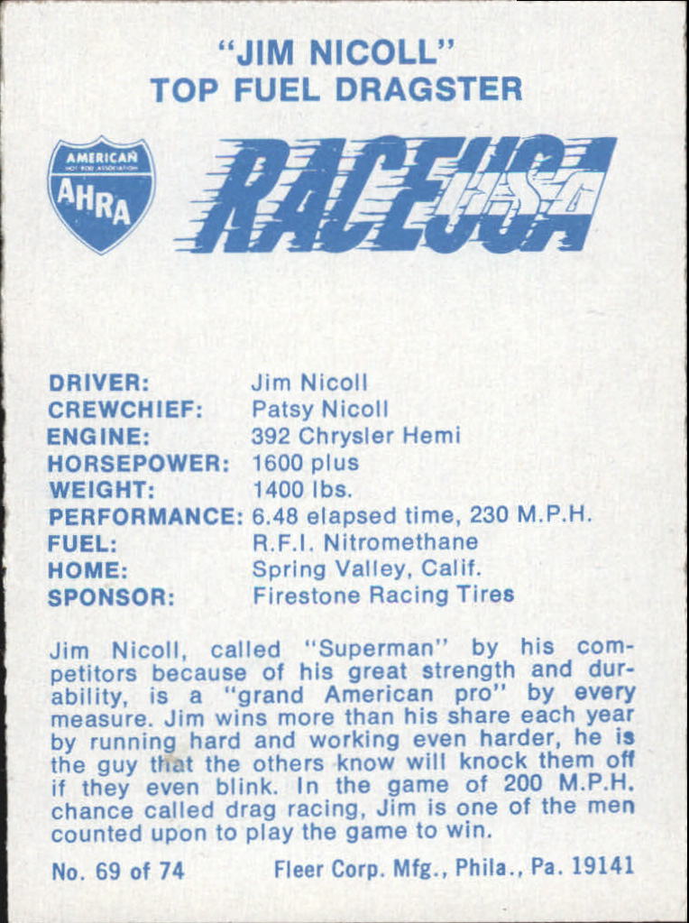 1973 Fleer AHRA Race USA #69 Jim Nicoll's Car back image