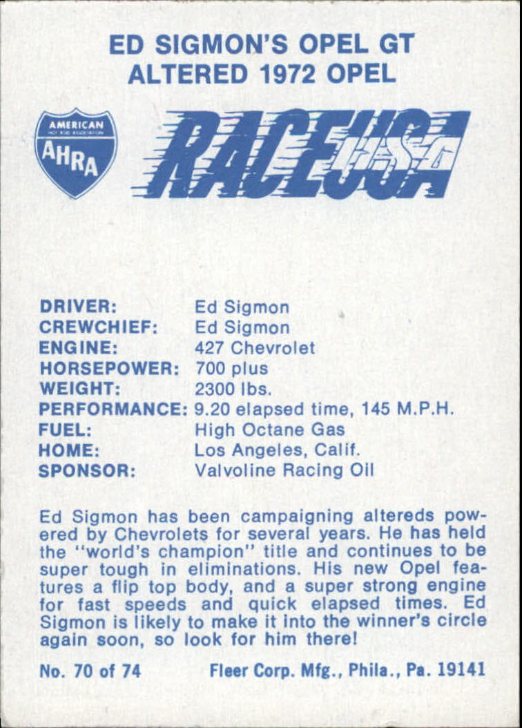 1973 Fleer AHRA Race USA #70 Ed Sigmon's Car back image