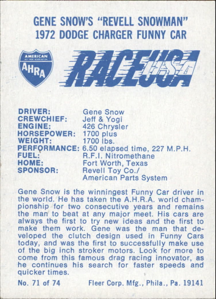 1973 Fleer AHRA Race USA #71 Gene Snow back image