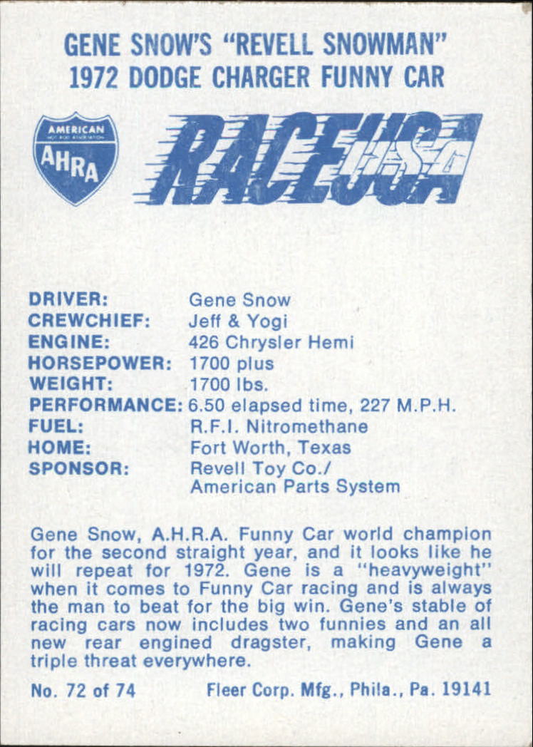 1973 Fleer AHRA Race USA #72 Gene Snow's Car back image
