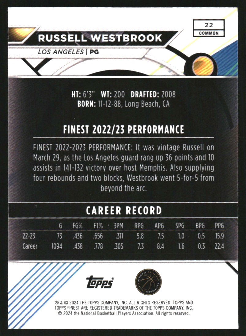 2023-24 Finest Blue Refractors #22 Russell Westbrook C