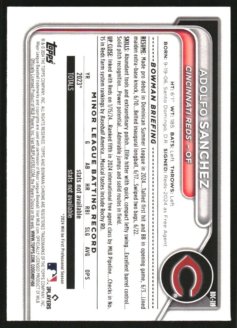 2024 Bowman Chrome Draft Sapphire Yellow Refractors #BDC119 Adolfo Sanchez /75