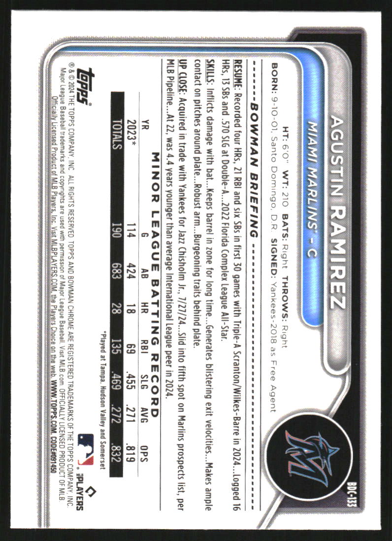 2024 Bowman Chrome Draft Sapphire Yellow Refractors #BDC133 Agustin Ramirez /75