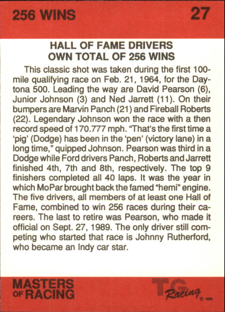 1989-90 TG Racing Masters of Racing #27 David Pearson's Car/Junior Johnson's Car/Ned Jarrett's Car/Marvin Panch's Car/Fireball Roberts' Car/256 Wins back image