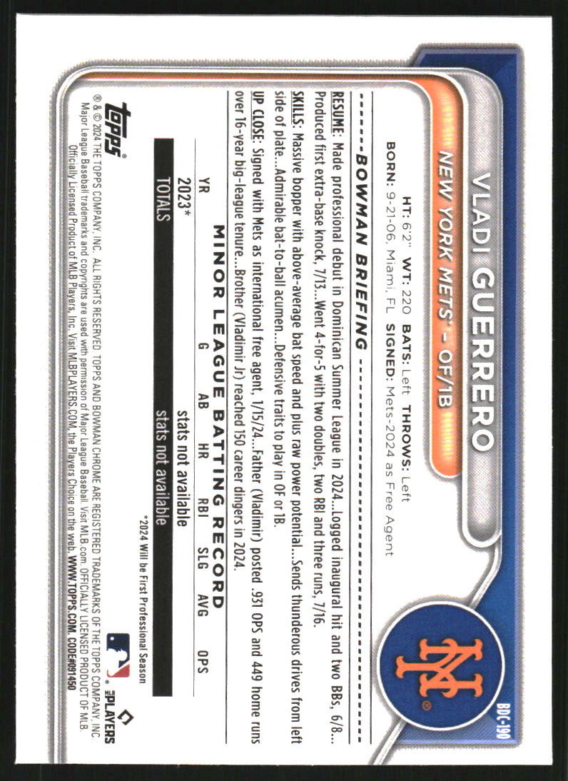 2024 Bowman Chrome Draft Sapphire Yellow Refractors #BDC190 Vladi Guerrero /75