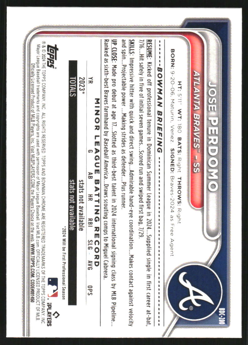 2024 Bowman Chrome Draft Sapphire Yellow Refractors #BDC200 Jose Perdomo /75