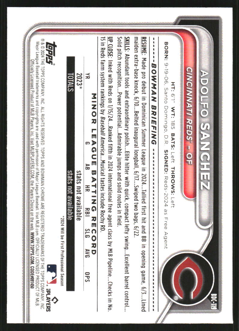 2024 Bowman Chrome Draft Sapphire Gold Refractors #BDC119 Adolfo Sanchez /50