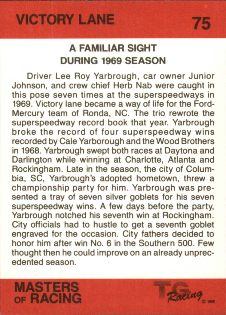 1989-90 TG Racing Masters of Racing #75 Lee Roy Yarborough/Junior Johnson/Herb Nab/Victory Lane back image