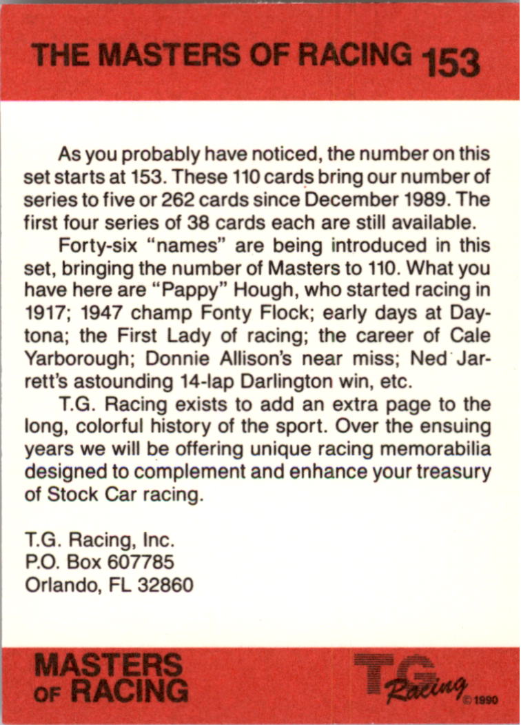 1989-90 TG Racing Masters of Racing #153 Cover Card/White Gold 153-262/Red Byron's Car back image