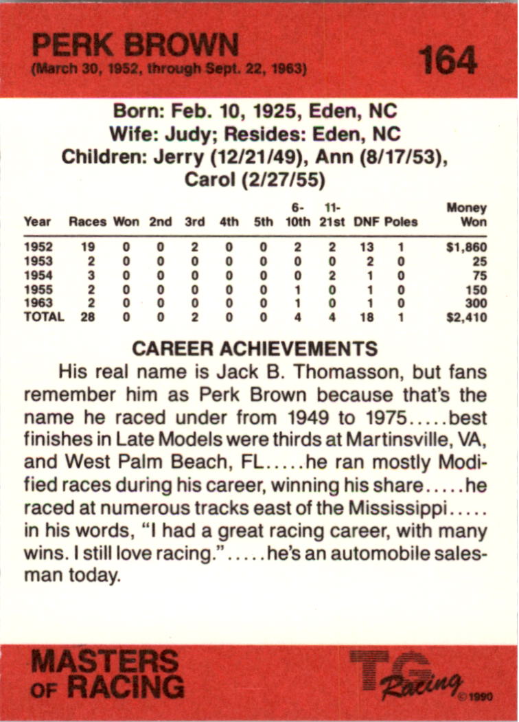 1989-90 TG Racing Masters of Racing #164 Perk Brown back image