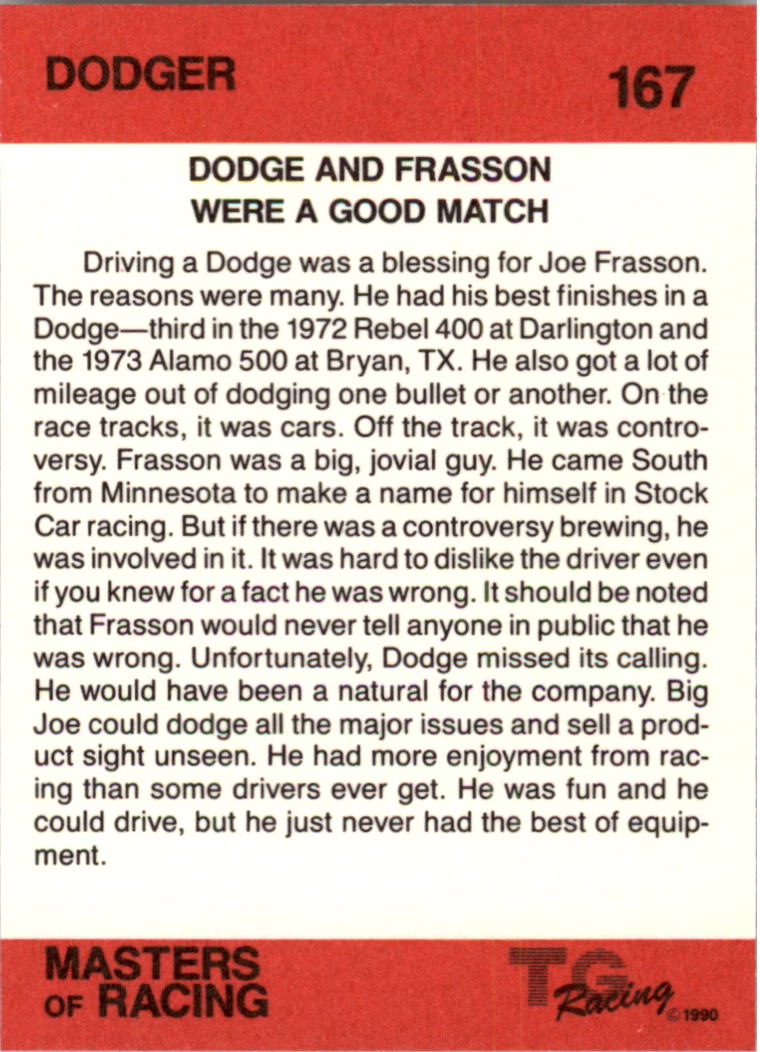 1989-90 TG Racing Masters of Racing #167 Joe Frasson's Car back image