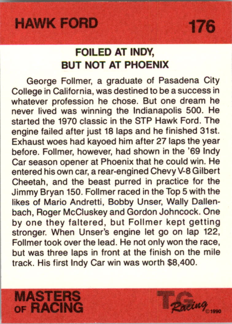 1989-90 TG Racing Masters of Racing #176 George Follmer w/car/Hawk Ford back image