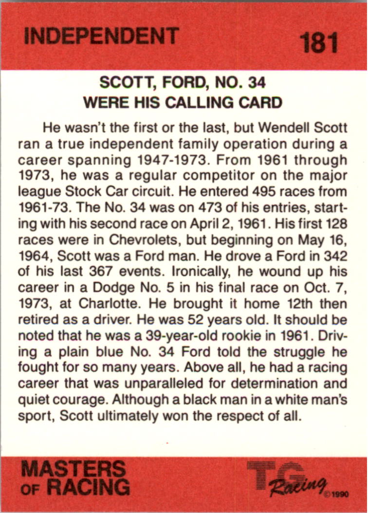 1989-90 TG Racing Masters of Racing #181 Wendell Scott's Car/Independent back image