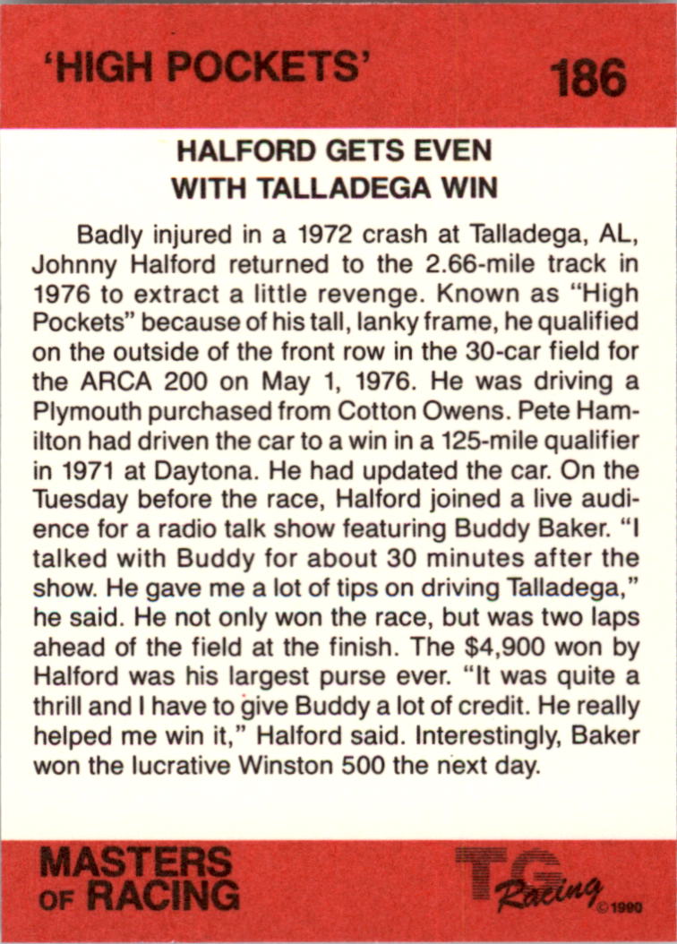 1989-90 TG Racing Masters of Racing #186 Johnny Halford's Car/High Pockets back image