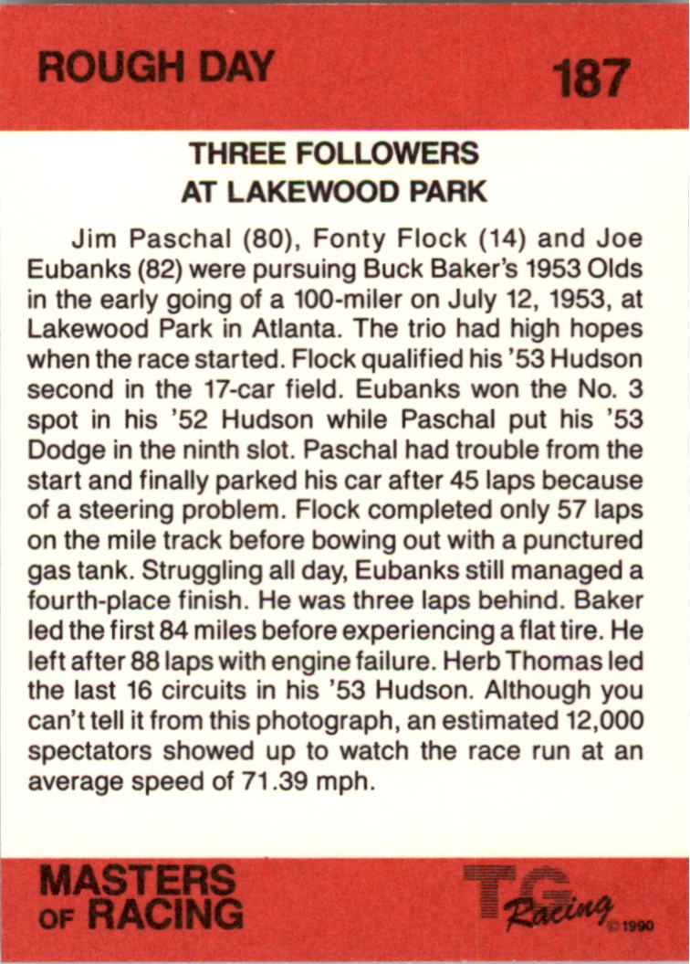 1989-90 TG Racing Masters of Racing #187 Jim Paschal's Car/Fonty Flock's Car/Joe Eubanks' Car/Rough Day back image