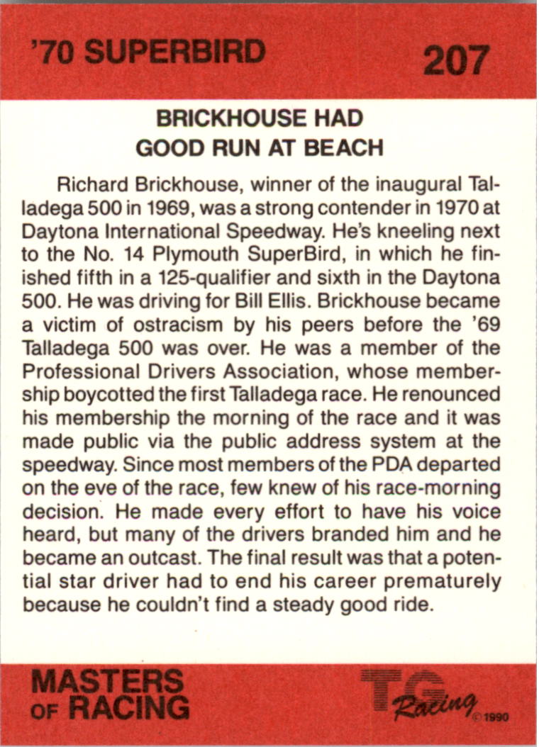 1989-90 TG Racing Masters of Racing #207 Richard Brickhouse's Car/1970 Superbird back image