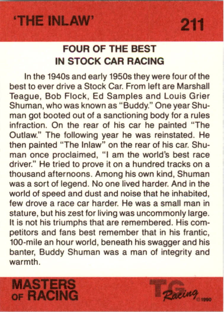 1989-90 TG Racing Masters of Racing #211 Marshall Teague/Bob Flock/Ed Samples/Buddy Shuman/The Inlaw back image