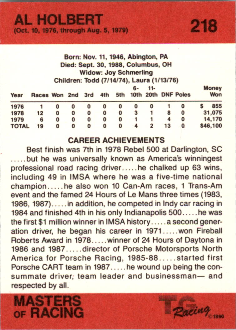 1989-90 TG Racing Masters of Racing #218 Al Holbert back image